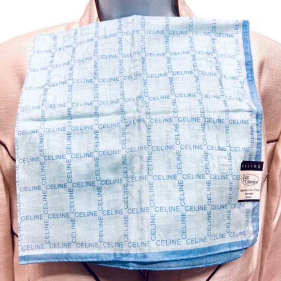 New-Tag Lg Collect CELINE Paris Mini Scarf 23" Cotton Teal Blue Logo Printed (96 - Picture 2 of 8